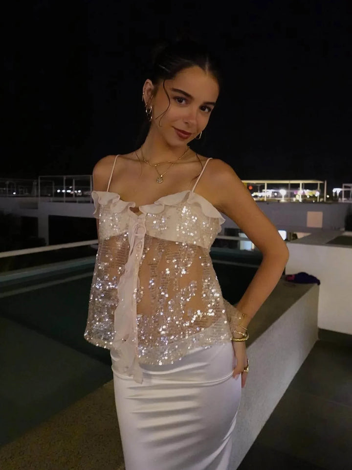 Celina | Sequin Ruffle Tie Top
