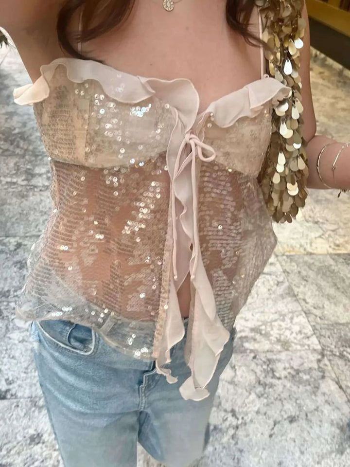 Celina | Sequin Ruffle Tie Top